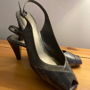 Suede, patron & faux snake skin gray sling backs